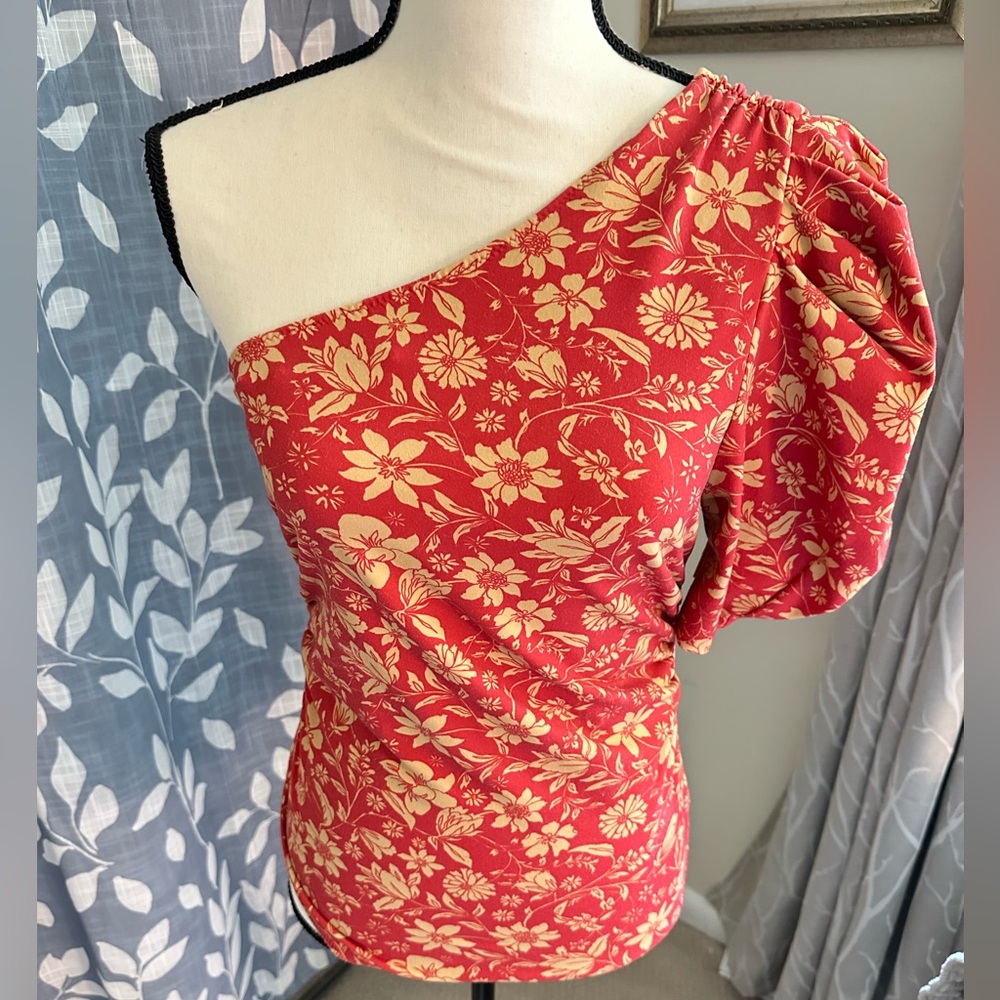 Free People Red Floral One-Shoulder Thong Bodysuit